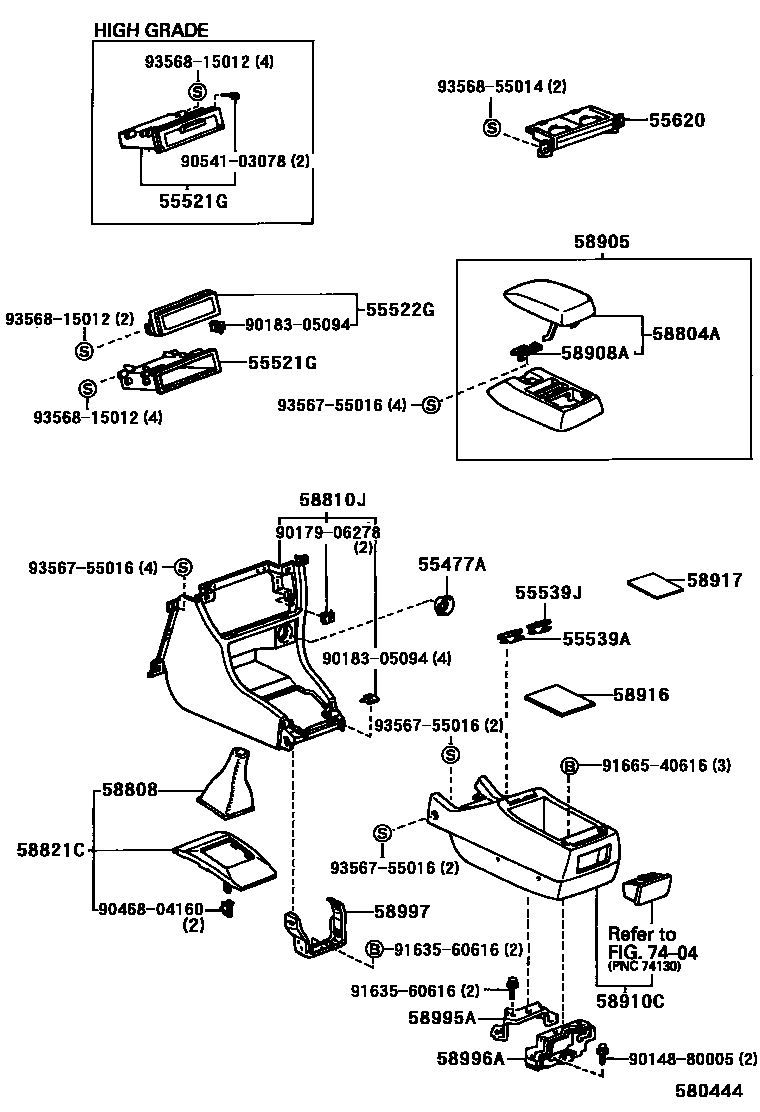 Toyota CAMRY 中央扶手箱和支架 EPC diagram — 580444