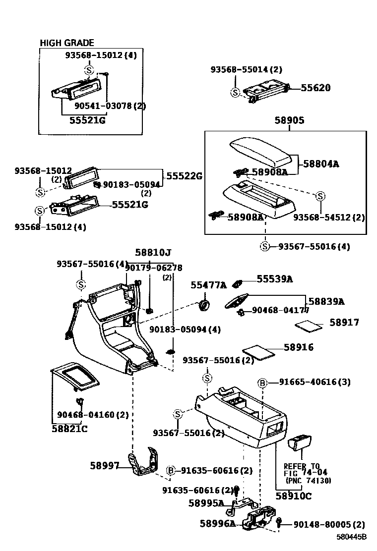 Toyota CAMRY 中央扶手箱和支架 EPC diagram — 580445B