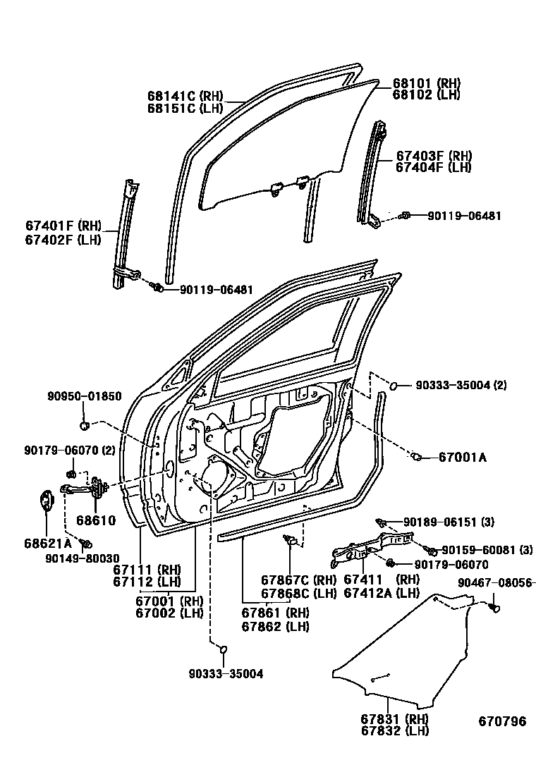 Toyota CAMRY 前门板和前门玻璃 EPC diagram — 670796