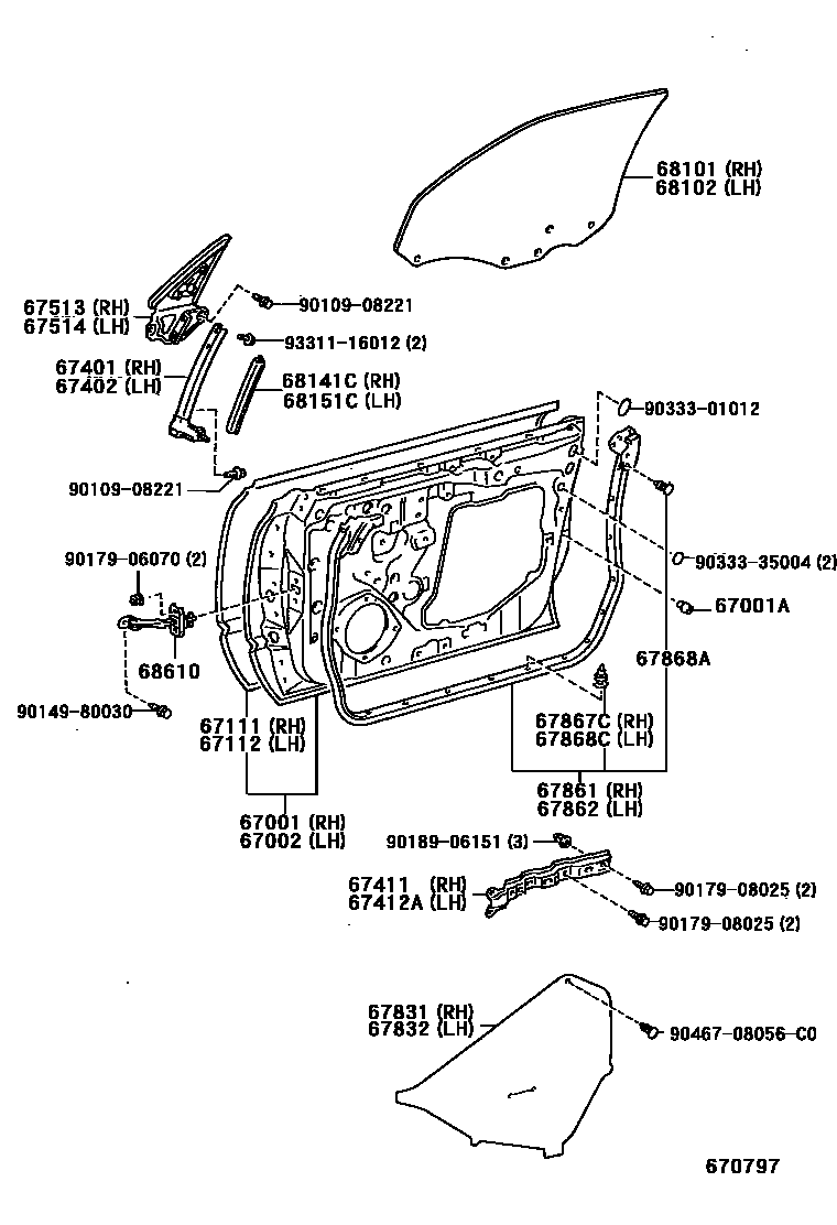 Toyota CAMRY 前门板和前门玻璃 EPC diagram — 670797