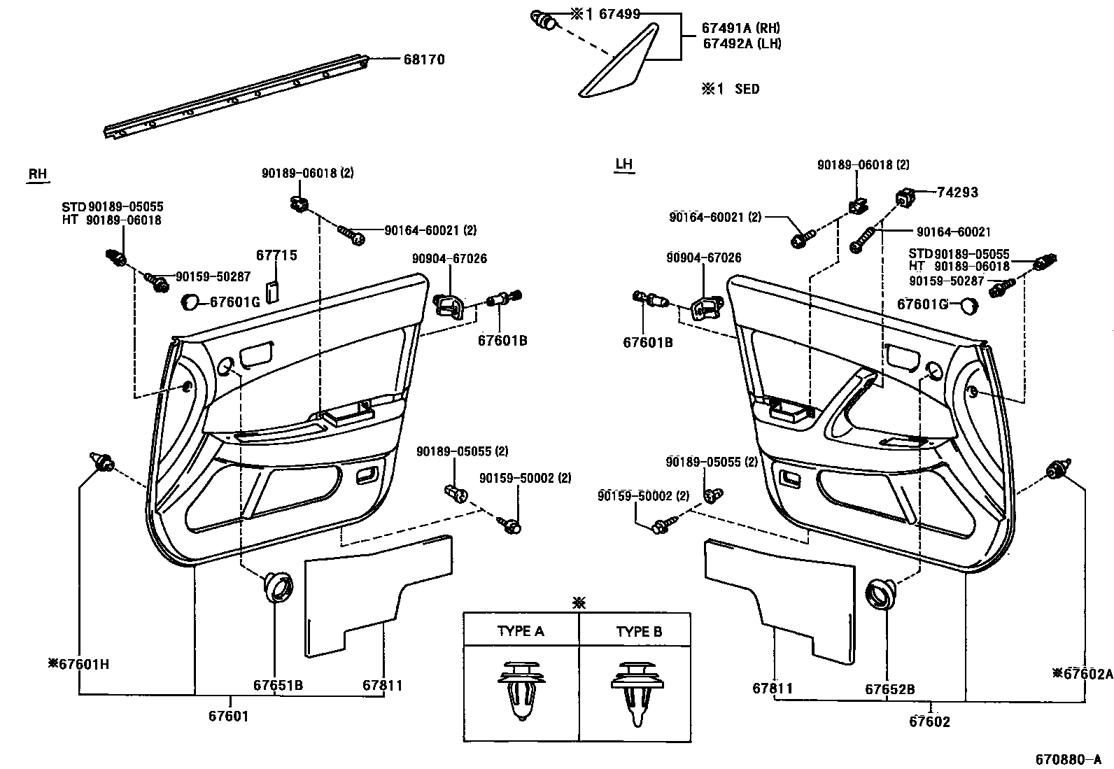 Toyota CAMRY 前门板和前门玻璃 EPC diagram — 670880A