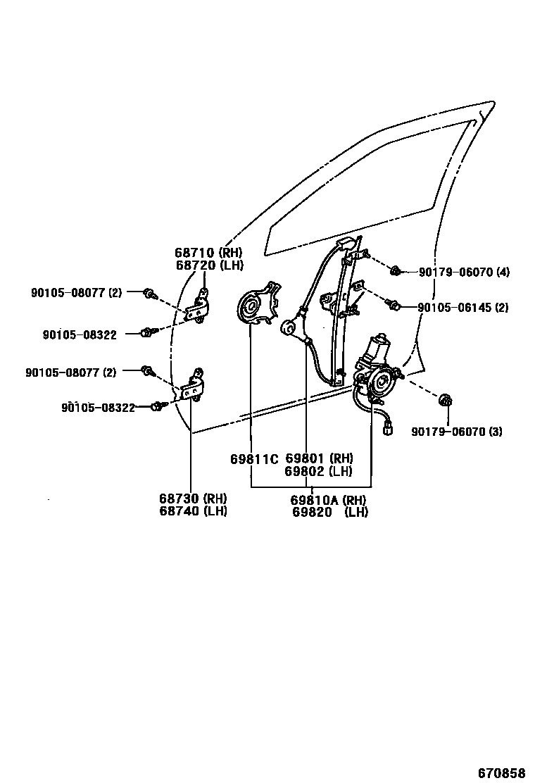Toyota CAMRY 前门车窗升降器和合页 EPC diagram — 670858