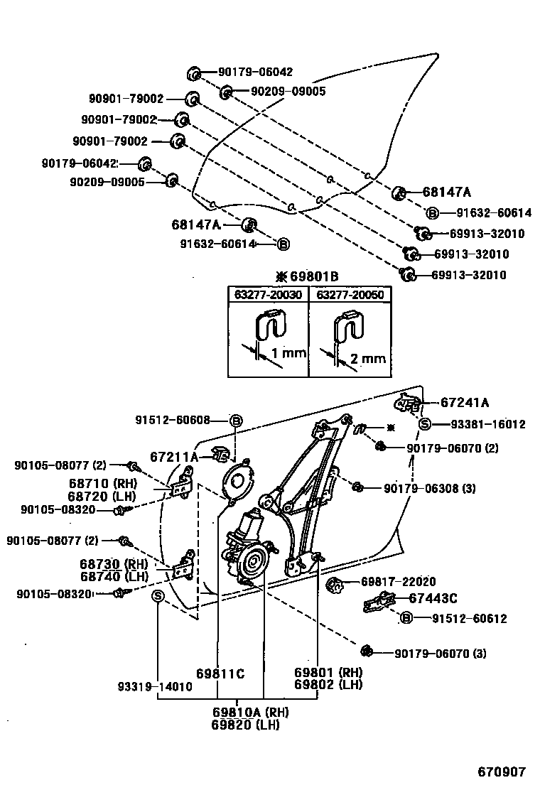 Toyota CAMRY 前门车窗升降器和合页 EPC diagram — 670907