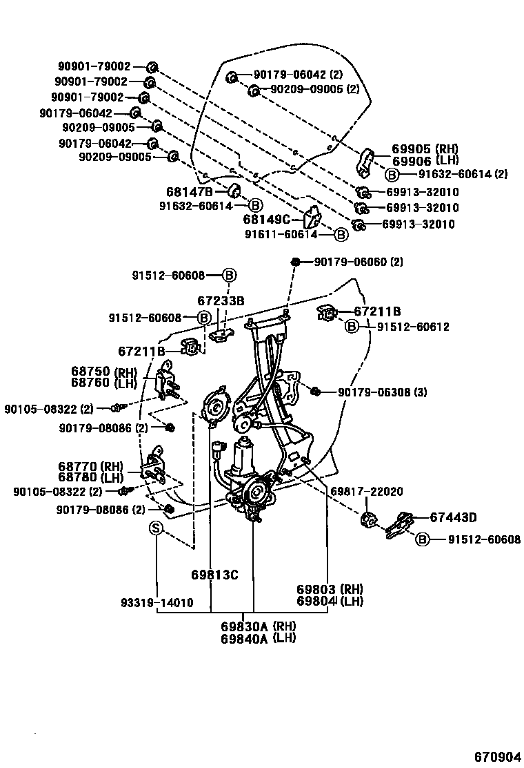 Toyota CAMRY 后门车窗升降器和合页 EPC diagram — 670904