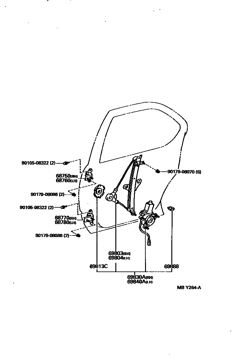 Toyota CAMRY 后门车窗升降器和合页 EPC diagram — MBY264A