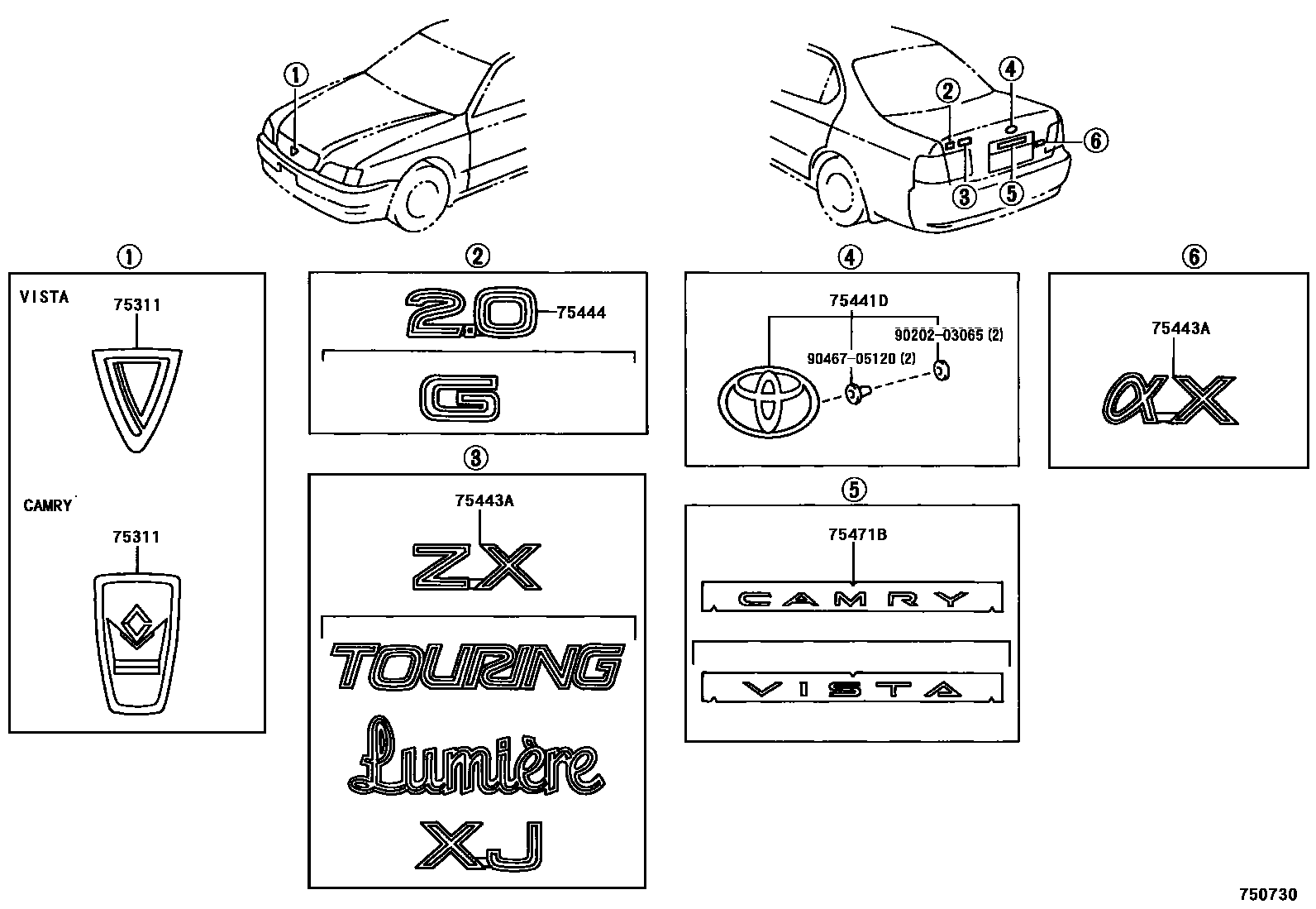 Toyota CAMRY 丰田徽标和铭牌(车外和车内) EPC diagram — 750730