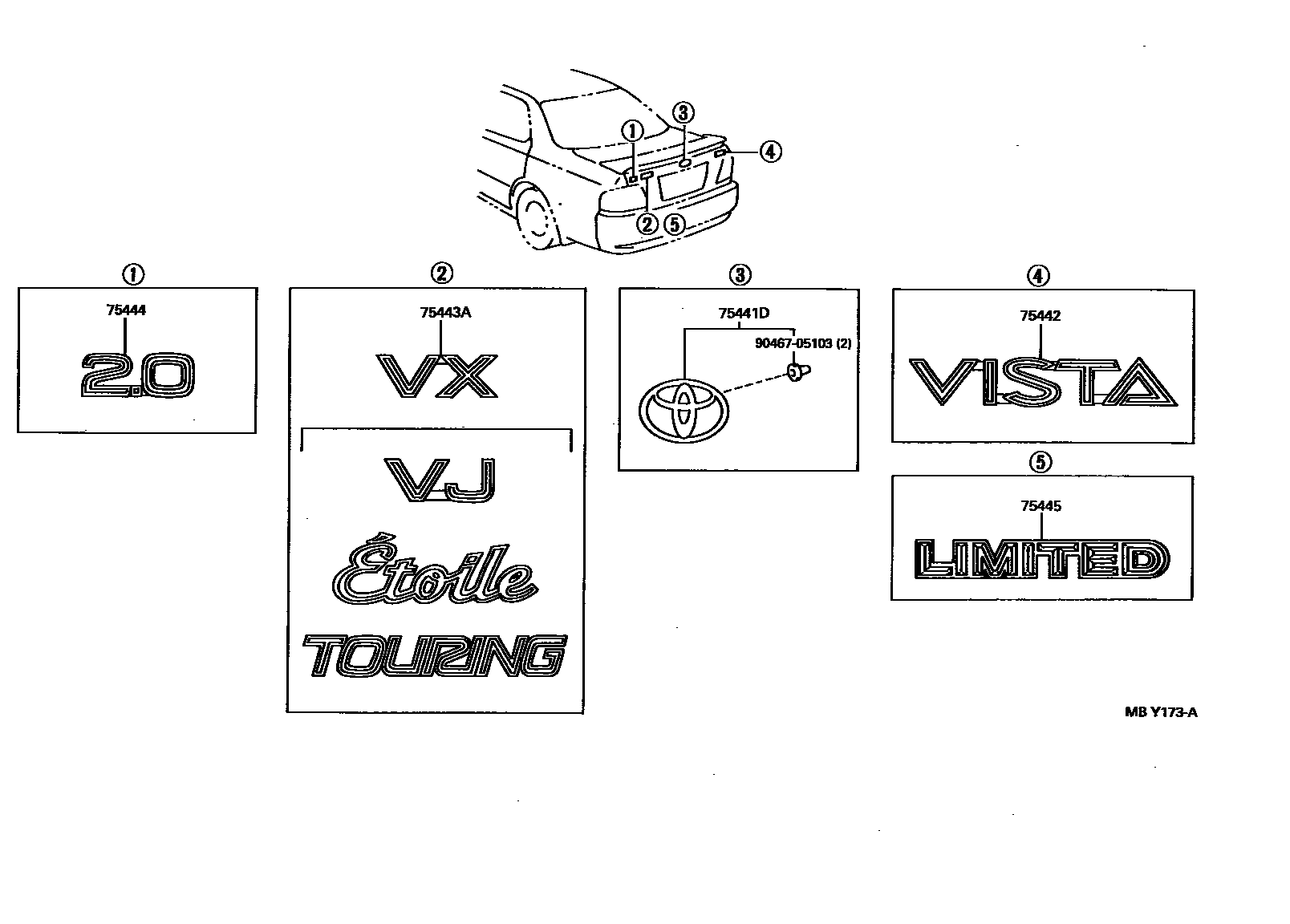 Toyota CAMRY 丰田徽标和铭牌(车外和车内) EPC diagram — MBY173A