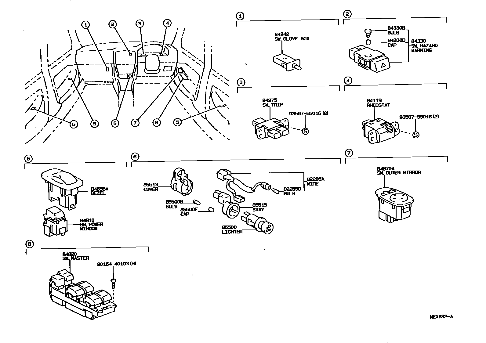 Toyota CAMRY 开关和继电器和ECU EPC diagram — MEX832A