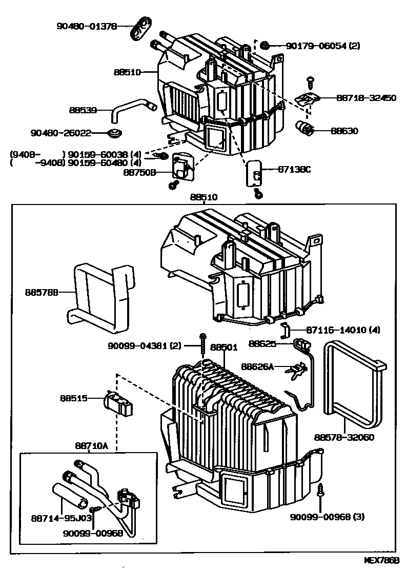 Toyota CAMRY 暖风和空调系统 - 冷却器组件 EPC diagram — MEX786B