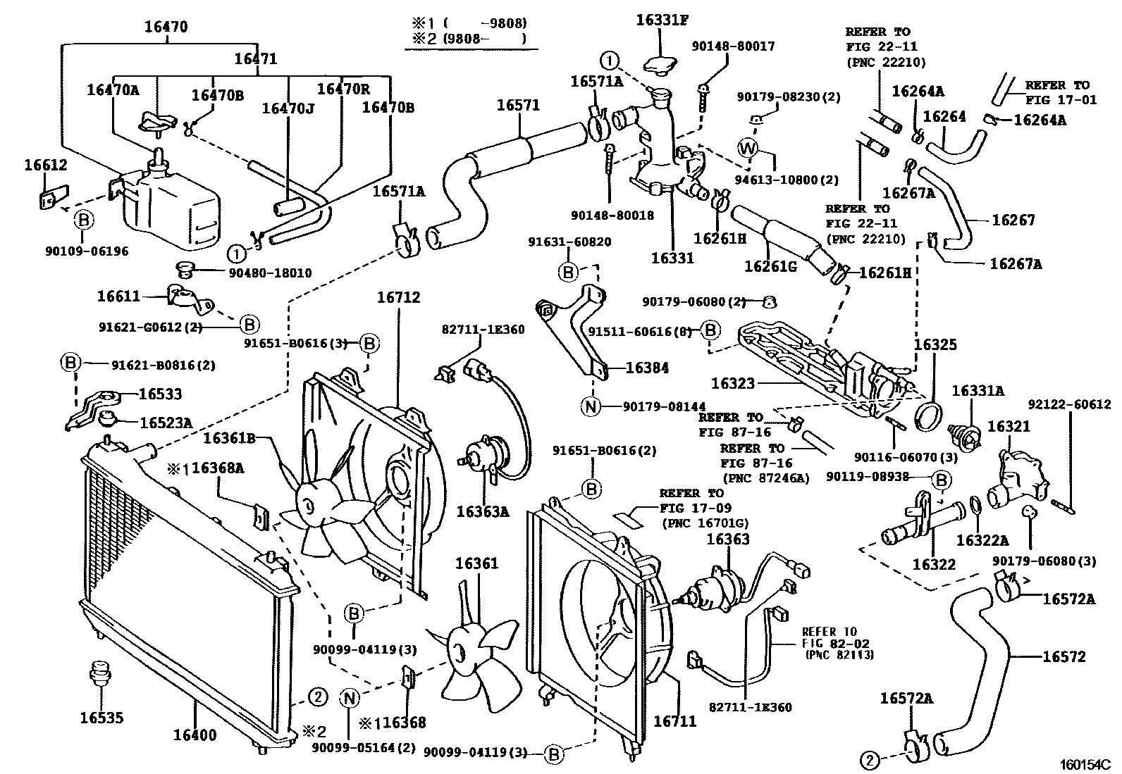 Toyota CAMRY RADIATOR & WATER OUTLET EPC diagram — 160154C