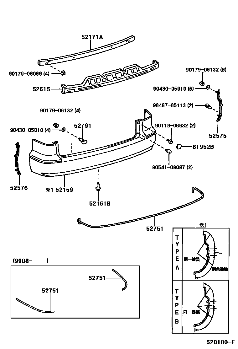 Toyota CAMRY 后保险杠及附件 EPC diagram — 520100E