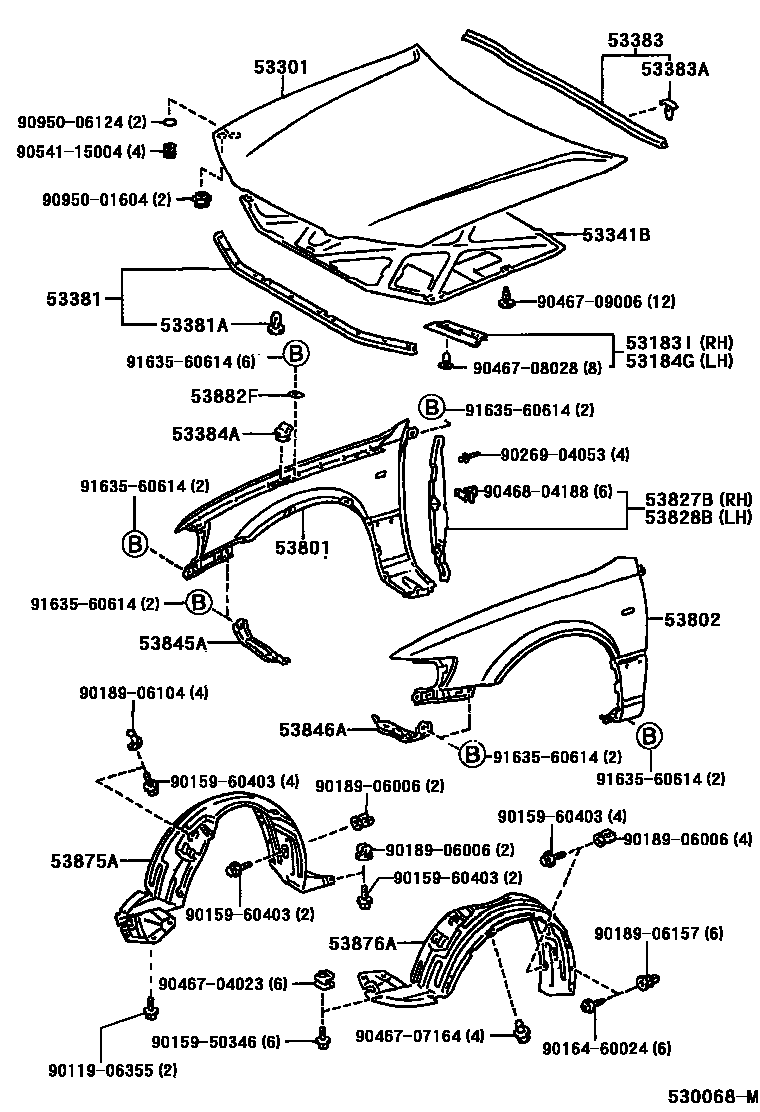 Toyota CAMRY 发动机盖和前翼子板 EPC diagram — 530068M