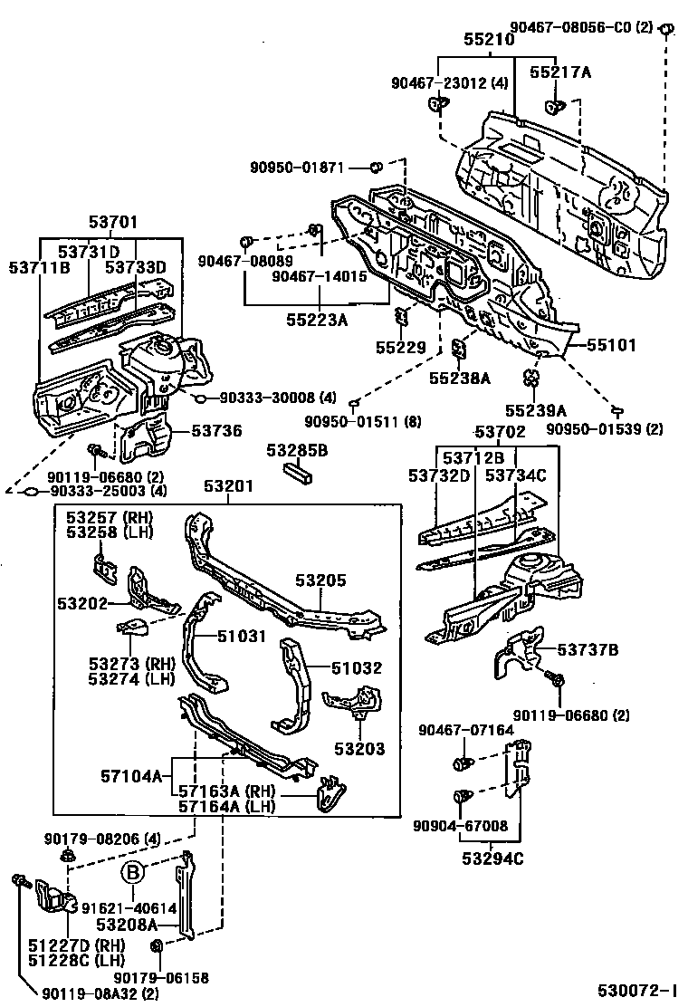 Toyota CAMRY 前翼子板挡泥板和前围板 EPC diagram — 530072I