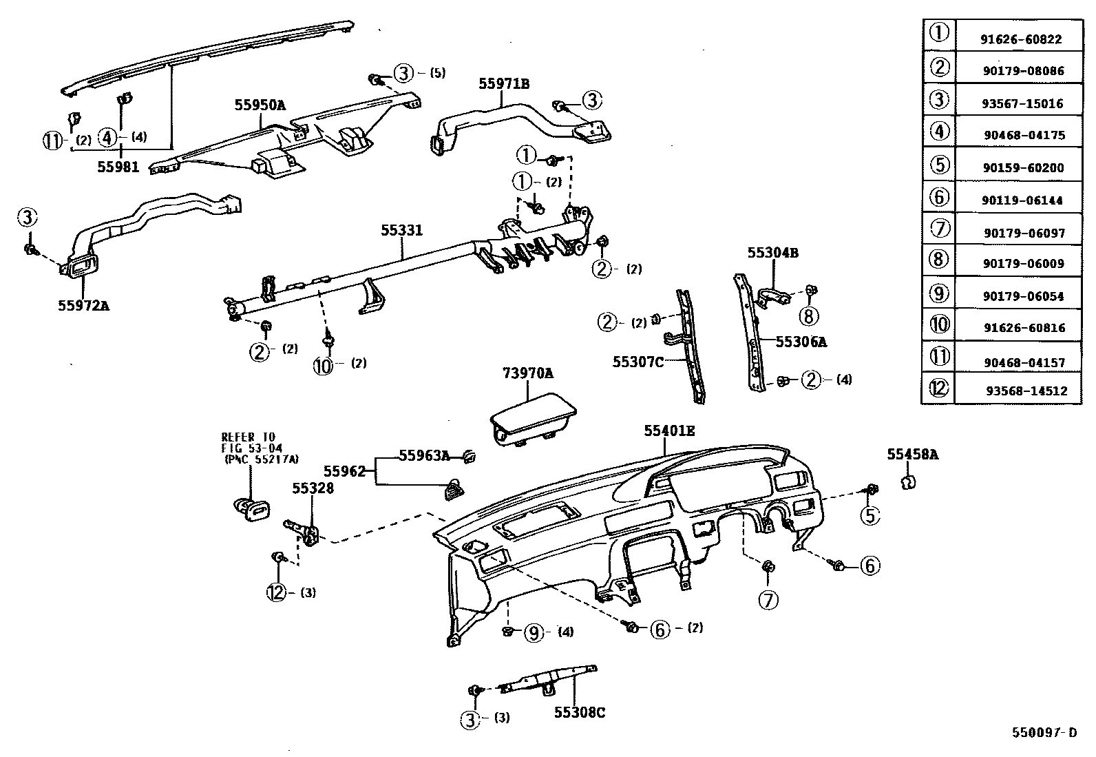 Toyota CAMRY 仪表板和手套箱 EPC diagram — 550097E