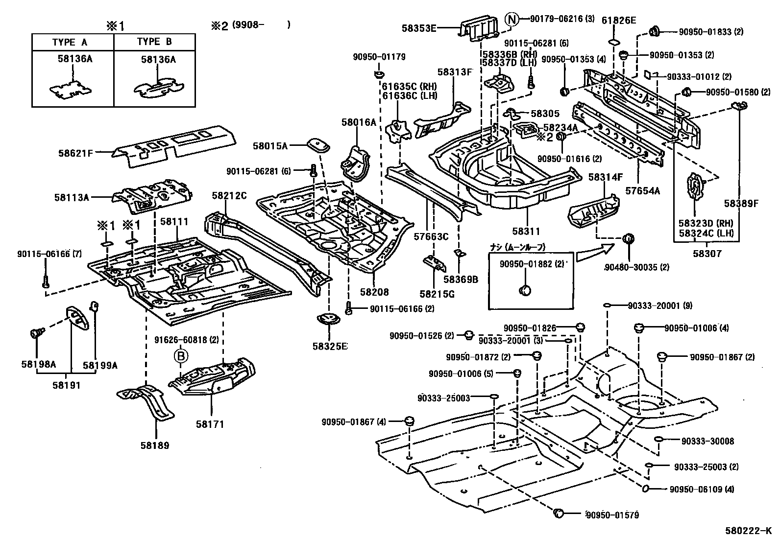 Toyota CAMRY 浅盘形地板和车身下背板 EPC diagram — 580222K