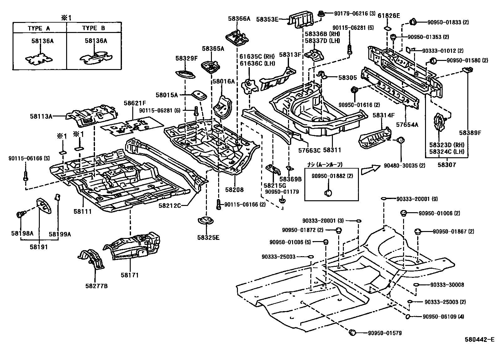 Toyota CAMRY 浅盘形地板和车身下背板 EPC diagram — 580442E