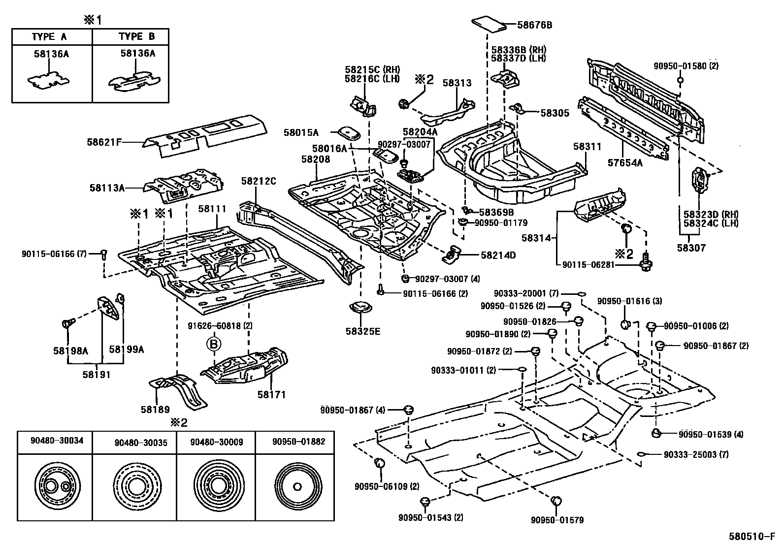 Toyota CAMRY 浅盘形地板和车身下背板 EPC diagram — 580510F