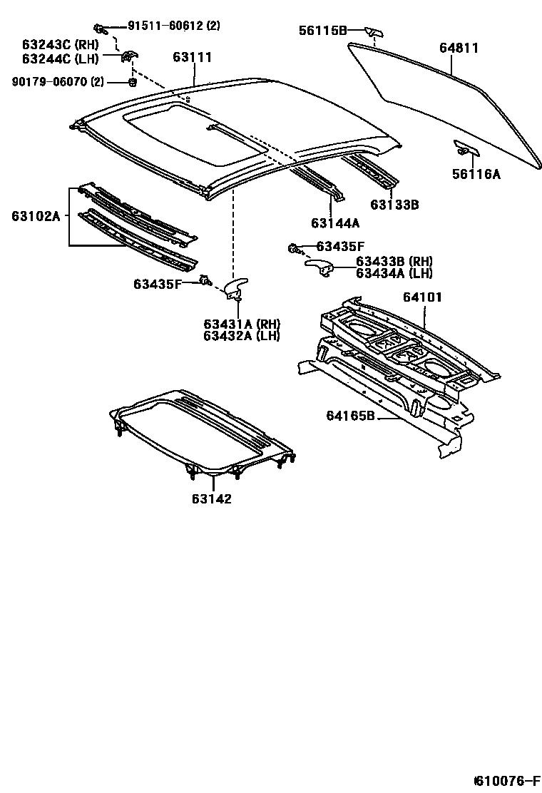 Toyota CAMRY 天窗板和背窗玻璃 EPC diagram — 610076F