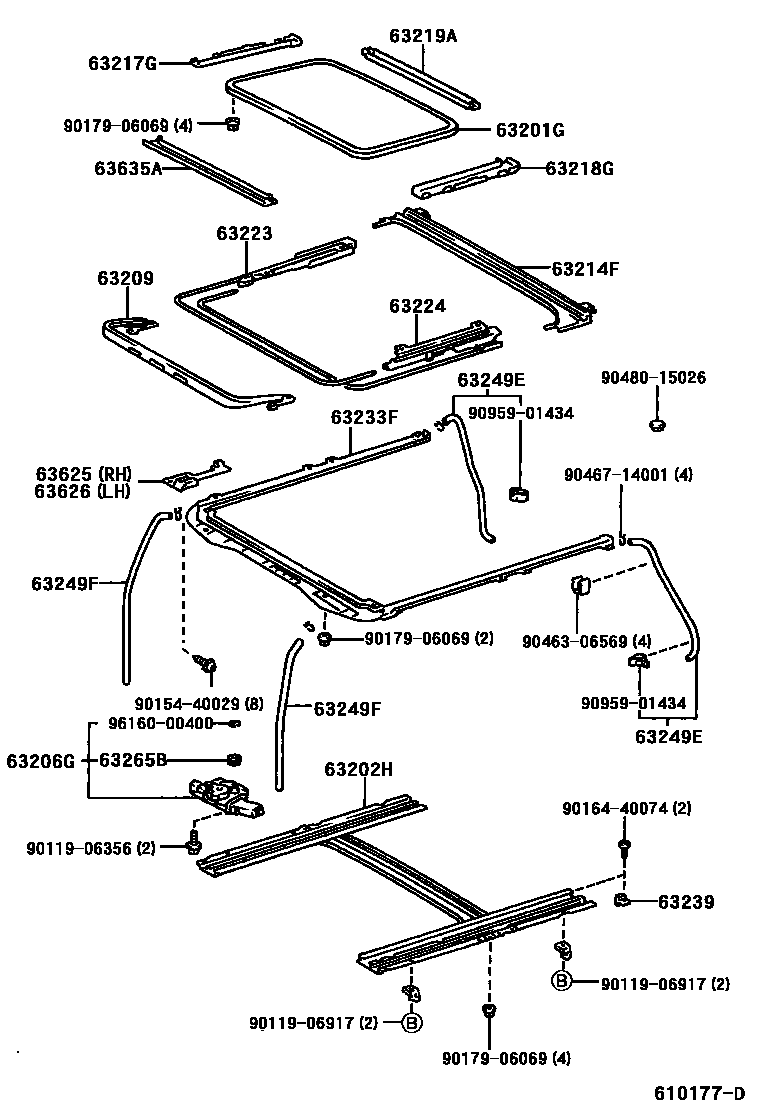 Toyota CAMRY 天窗板和背窗玻璃 EPC diagram — 610177D