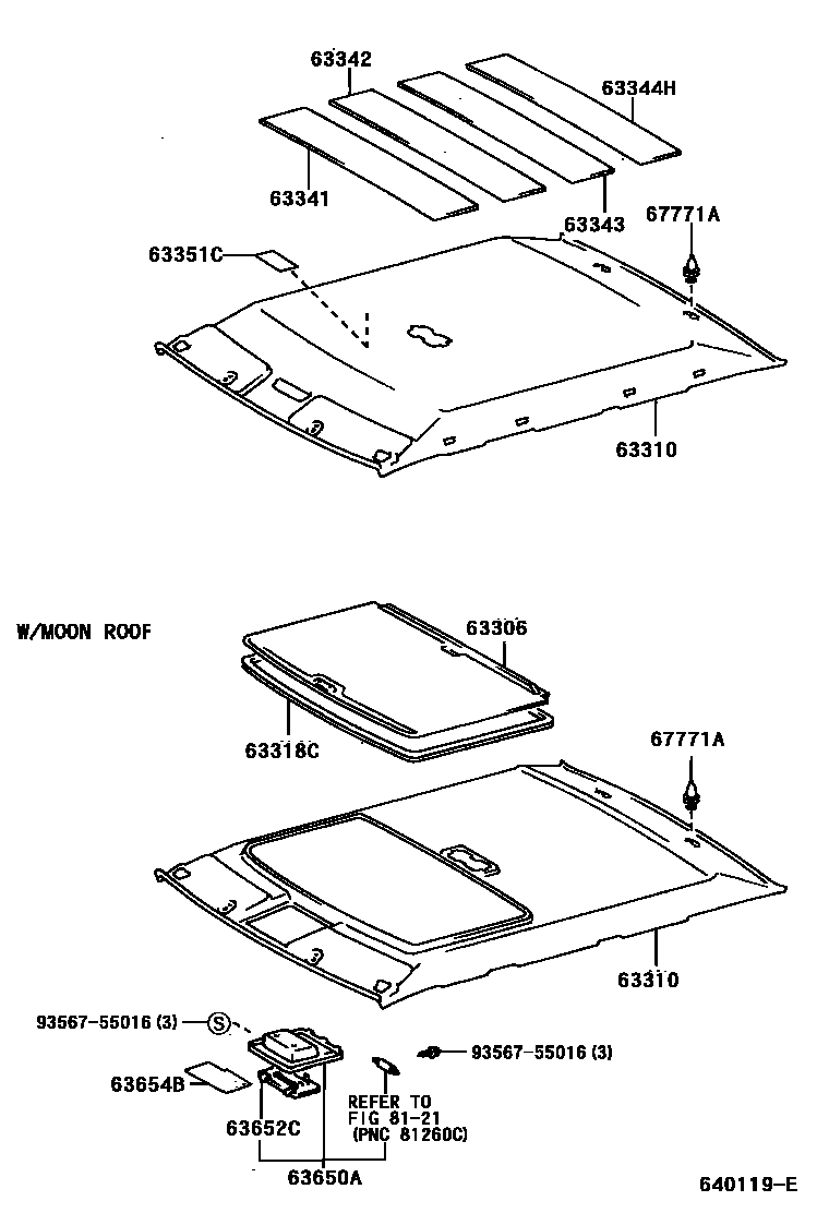 Toyota CAMRY 车顶内衬和消声垫 EPC diagram — 640119E