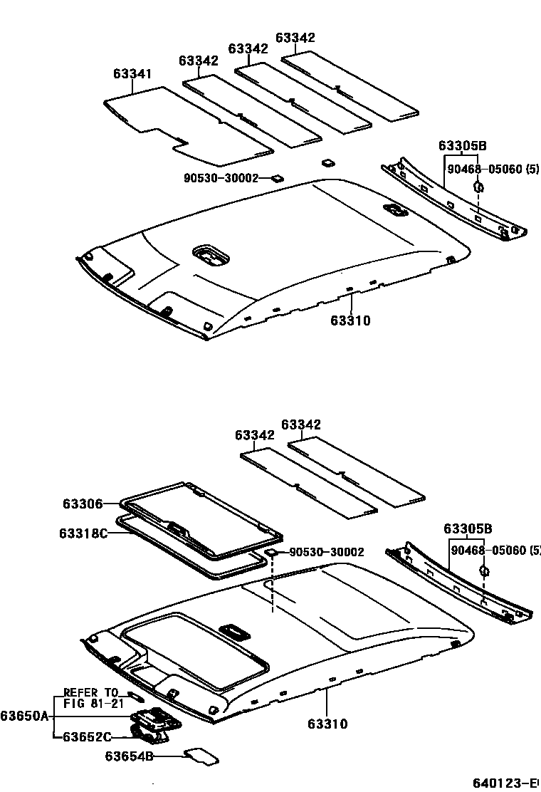 Toyota CAMRY 车顶内衬和消声垫 EPC diagram — 640123E