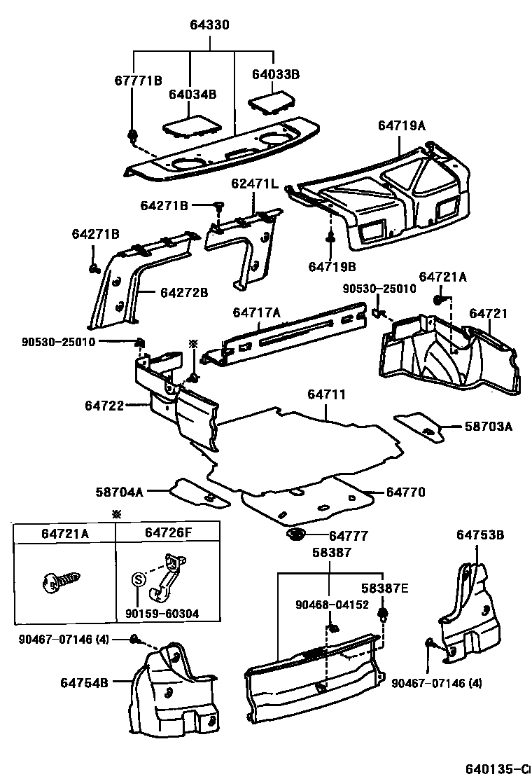 Toyota CAMRY 杂物箱板和行李箱垫 EPC diagram — 640135C