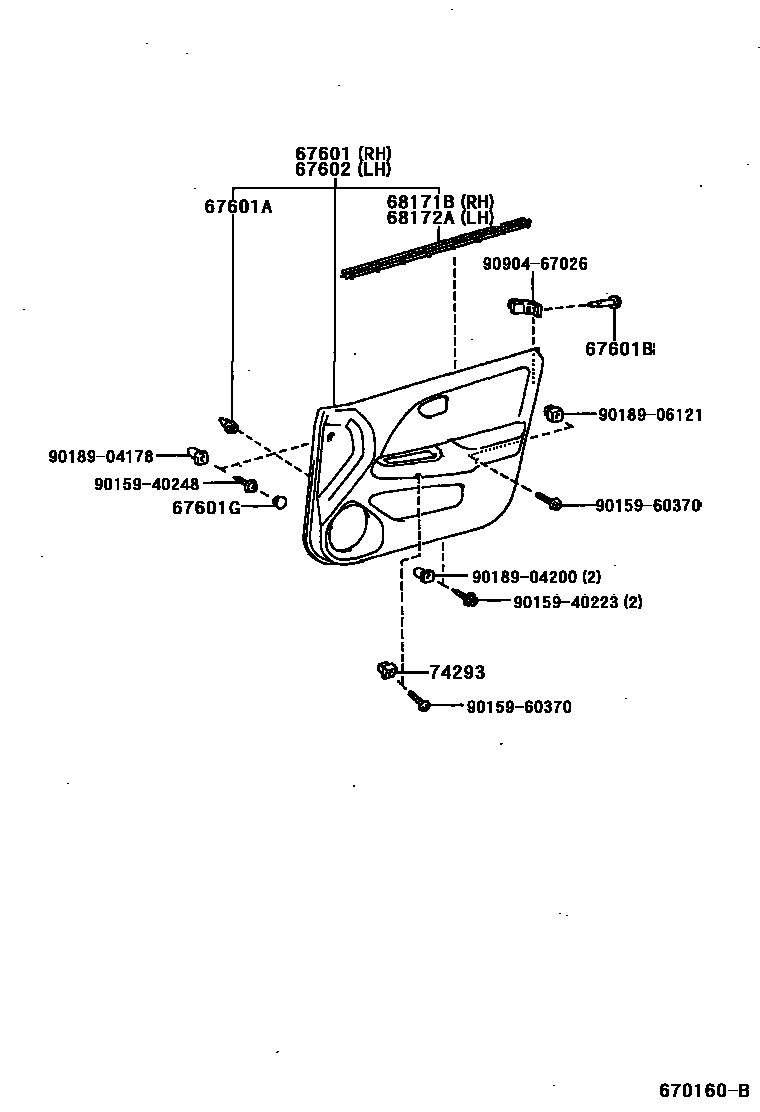 Toyota CAMRY 前门板和前门玻璃 EPC diagram — 670160B