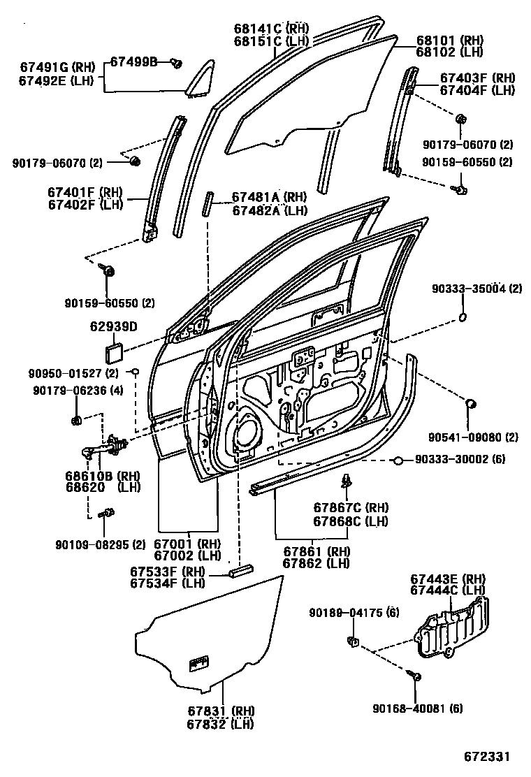 Toyota CAMRY 前门板和前门玻璃 EPC diagram — 672331