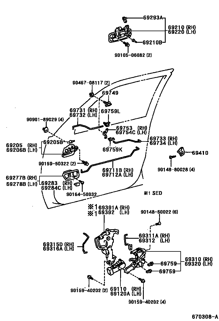 Toyota CAMRY 前门锁和车门把手 EPC diagram — 670308A