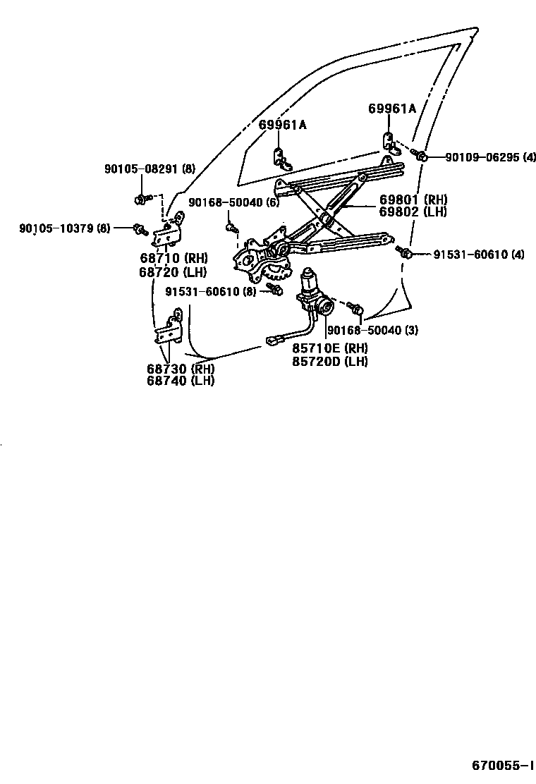 Toyota CAMRY 前门车窗升降器和合页 EPC diagram — 670055I