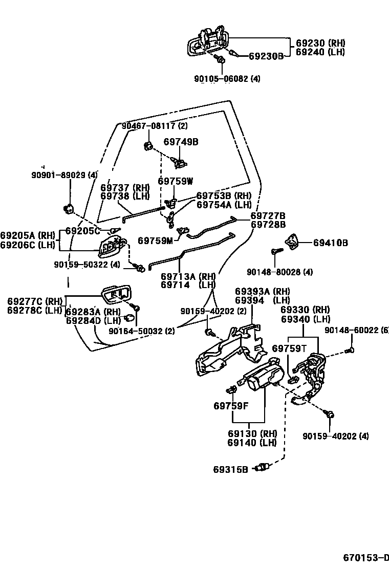 Toyota CAMRY 后门锁和后门把手 EPC diagram — 670153D