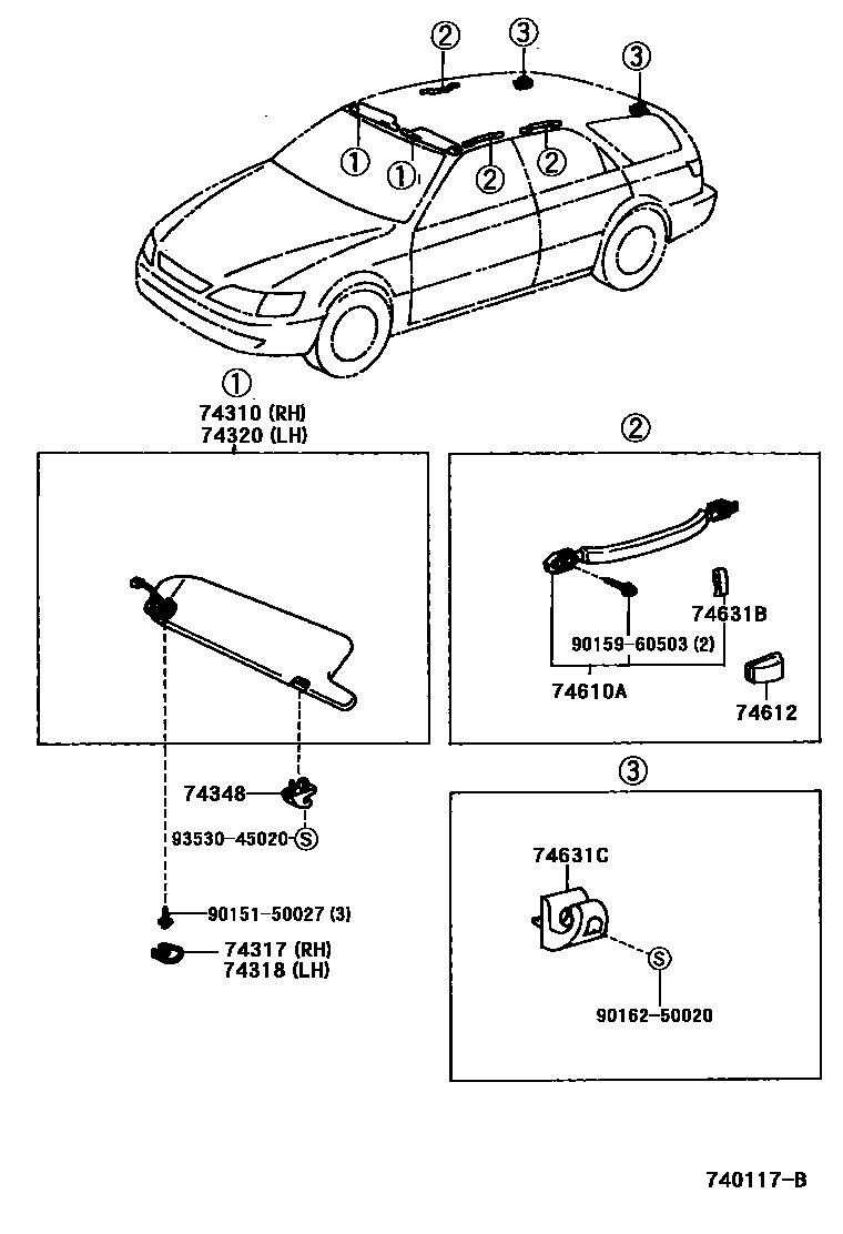 Toyota CAMRY 扶手和遮阳板 EPC diagram — 740117B