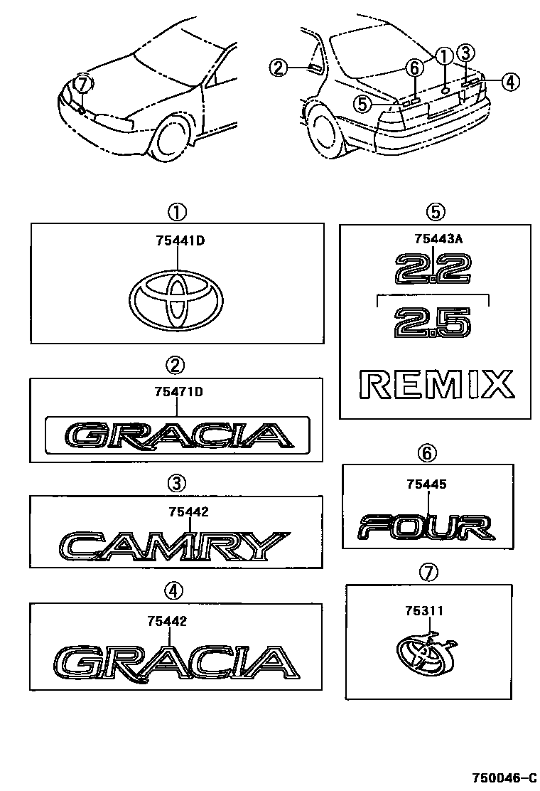 Toyota CAMRY 丰田徽标和铭牌(车外和车内) EPC diagram — 750046C