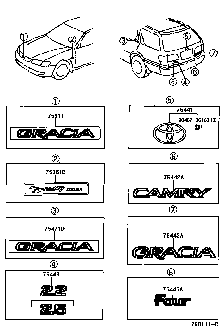 Toyota CAMRY 丰田徽标和铭牌(车外和车内) EPC diagram — 750111C