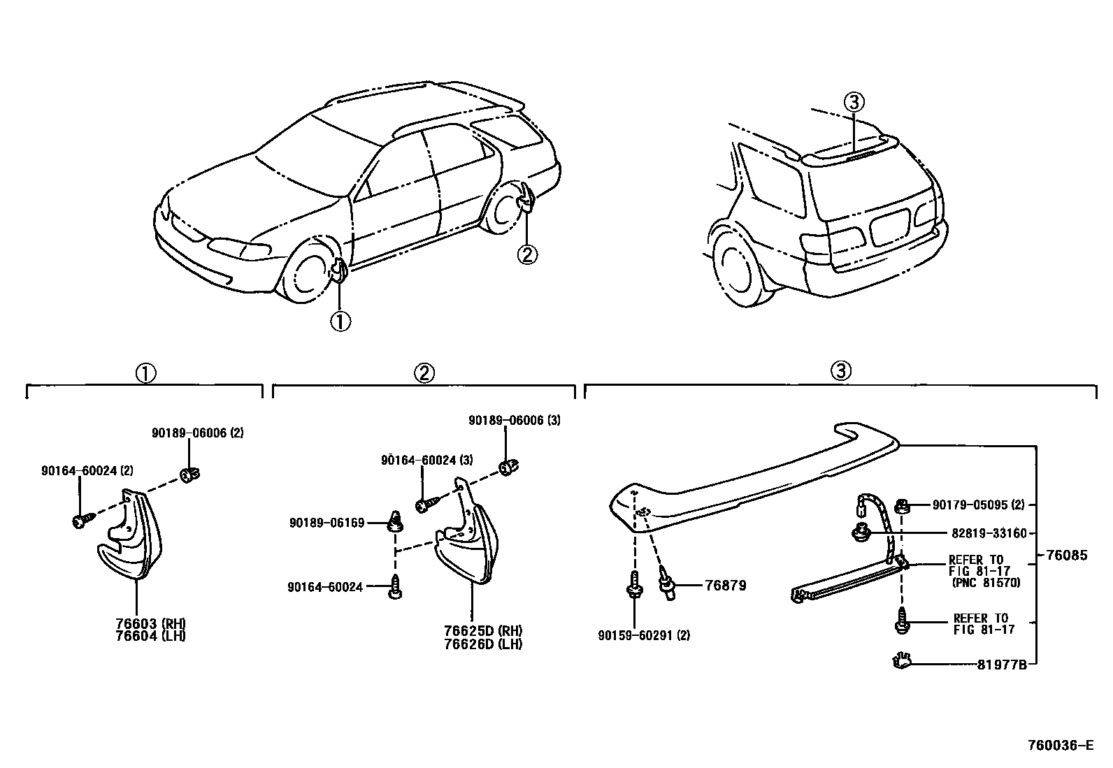 Toyota CAMRY 挡泥板和扰流板 EPC diagram — 760036E