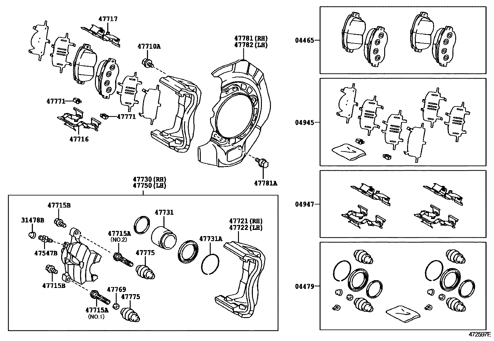 Toyota CAMRY 前盘式制动器卡钳和防尘罩 EPC diagram — 472597E