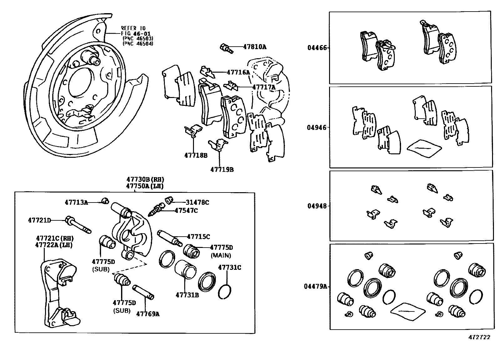 Toyota CAMRY 后盘式制动器卡钳和防尘罩 EPC diagram — 472722