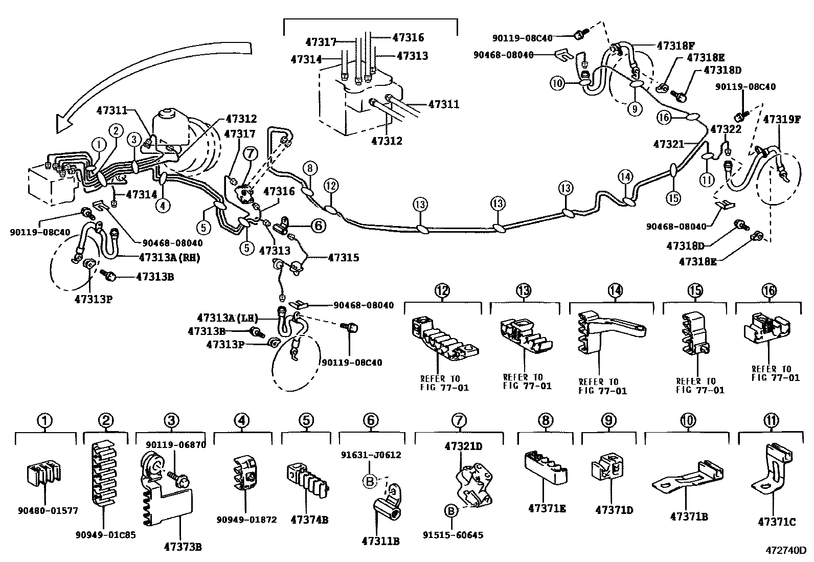 Toyota CAMRY 制动配管和卡箍 EPC diagram — 472740D
