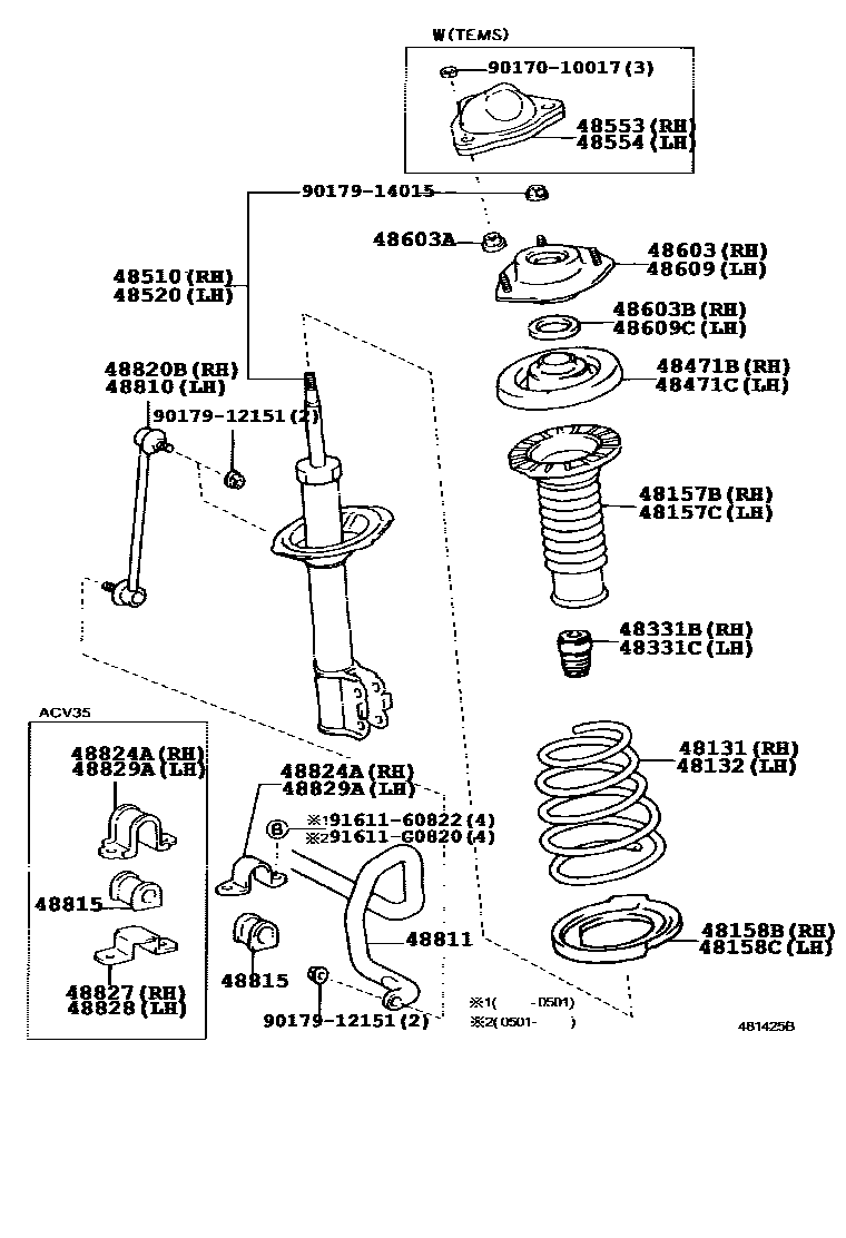 Toyota CAMRY Front Spring & Shock Absorber EPC diagram — 481425B