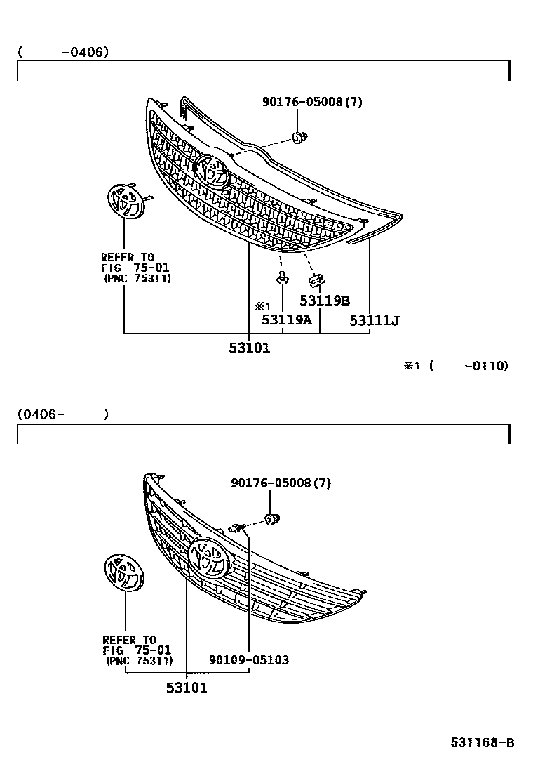 Toyota CAMRY radiator grille EPC diagram — 531168B