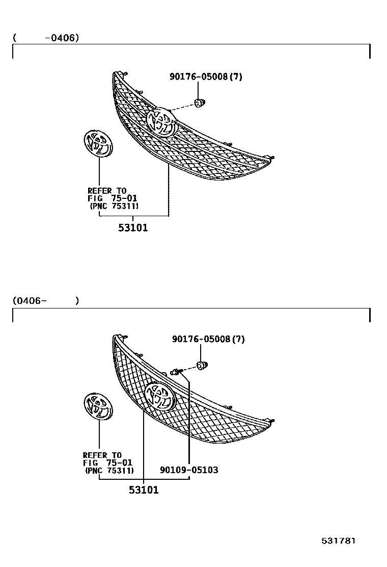 Toyota CAMRY radiator grille EPC diagram — 531781