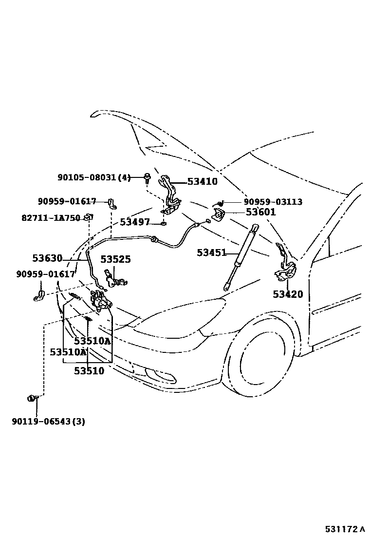 Toyota CAMRY 发动机盖锁和铰链 EPC diagram — 531172A