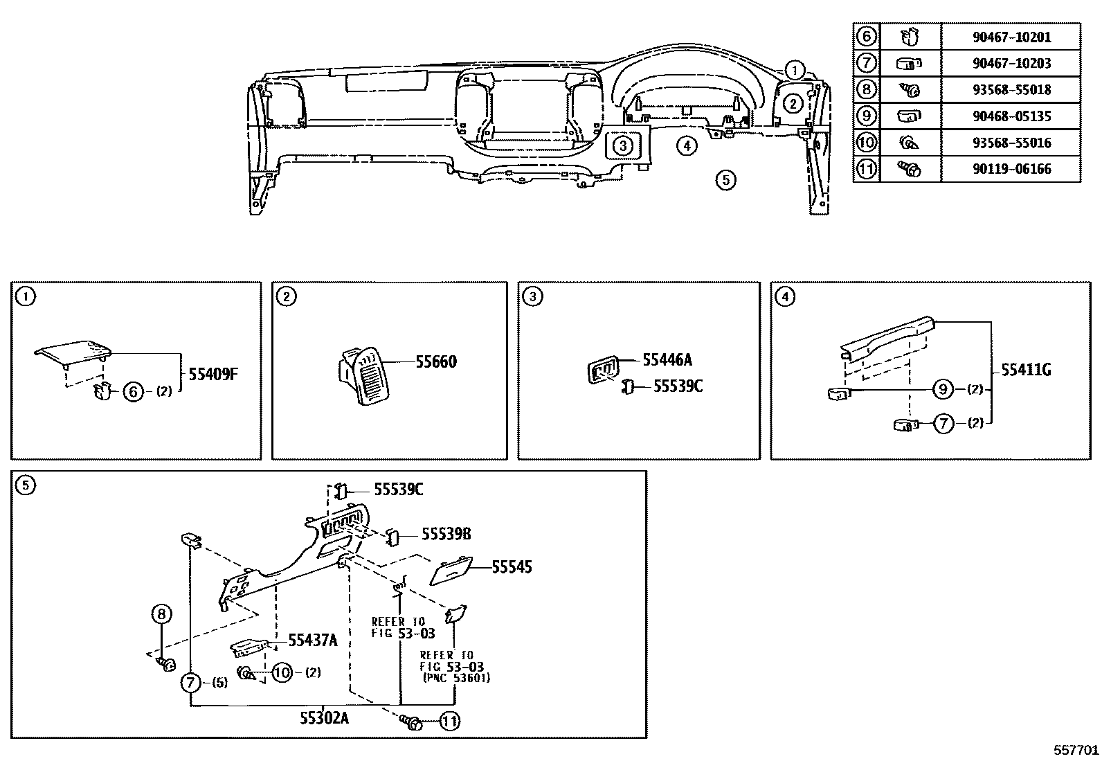 Toyota CAMRY 仪表板和手套箱 EPC diagram — 557701