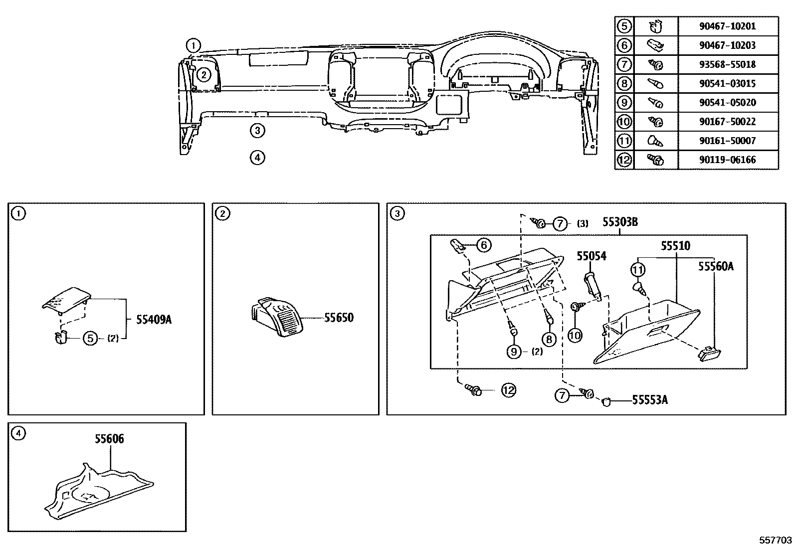 Toyota CAMRY 仪表板和手套箱 EPC diagram — 557703