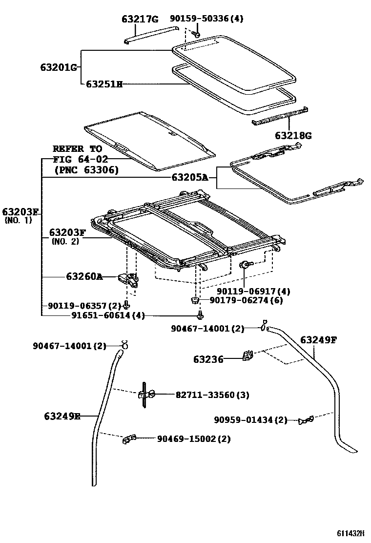 Toyota CAMRY 天窗板和背窗玻璃 EPC diagram — 611432H