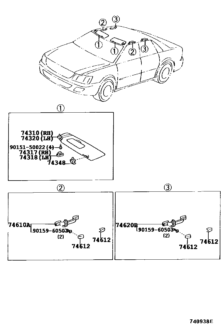 Toyota CAMRY 扶手和遮阳板 EPC diagram — 740938E