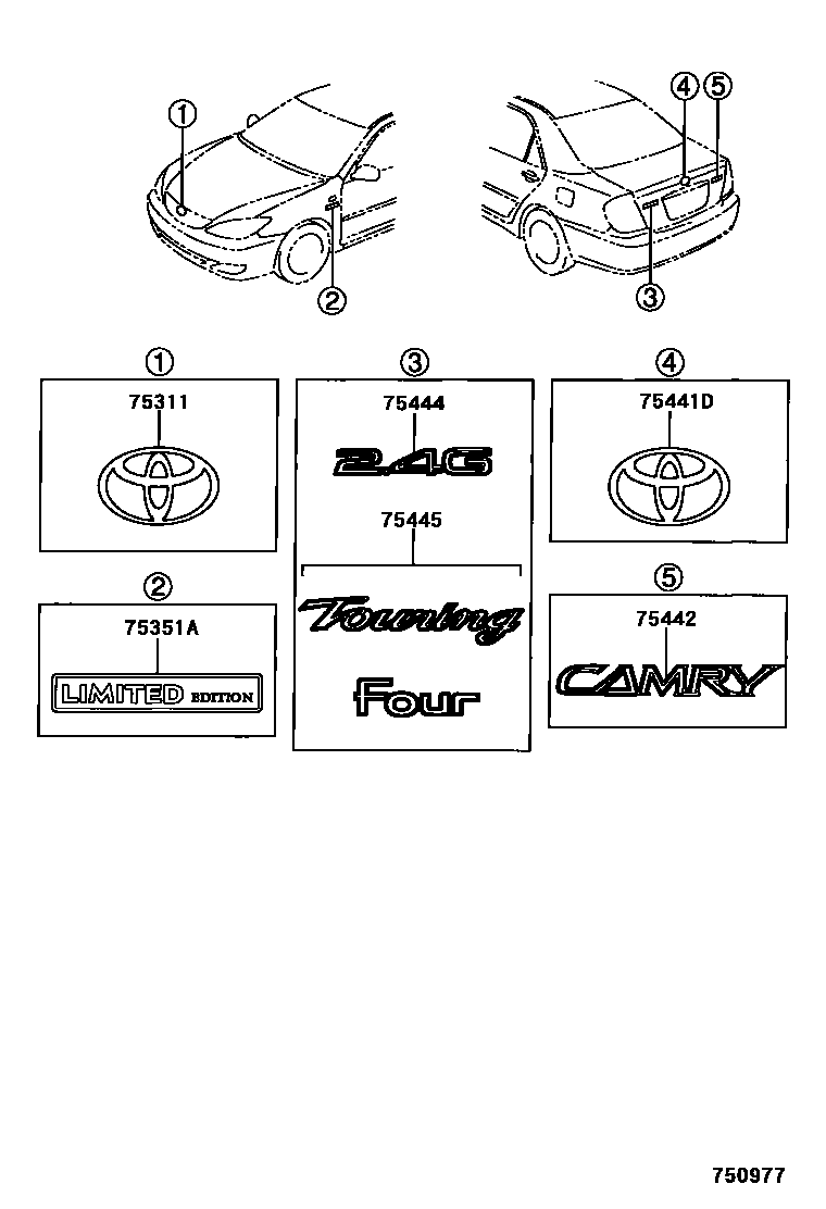 Toyota CAMRY 丰田徽标和铭牌(车外和车内) EPC diagram — 750977