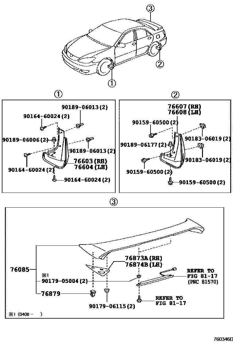 Toyota CAMRY 挡泥板和扰流板 EPC diagram — 760346D