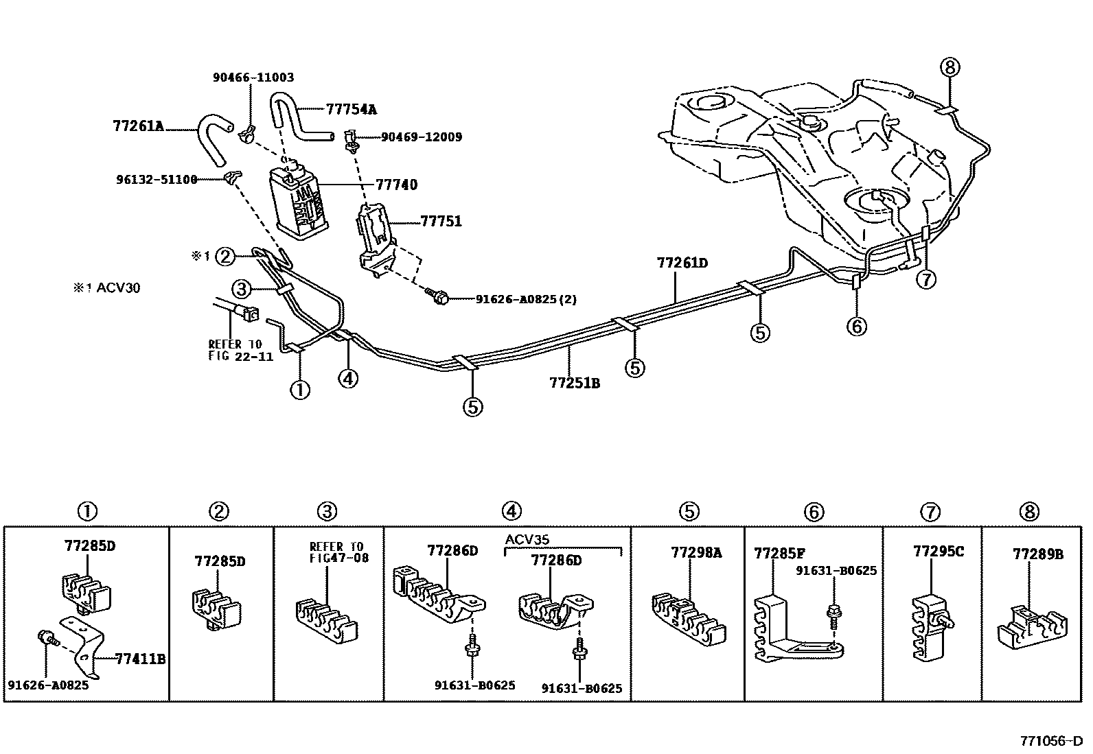 Toyota CAMRY 燃油箱和燃油管 EPC diagram — 771056D