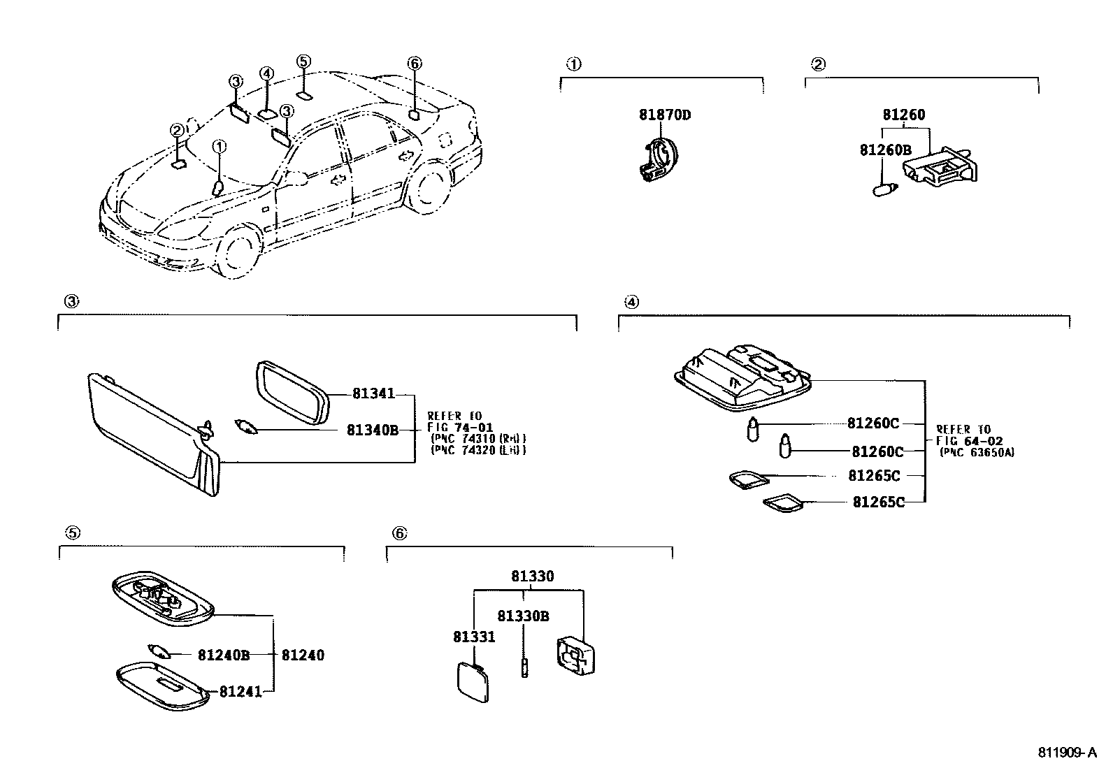 Toyota CAMRY 车内灯 EPC diagram — 811909A